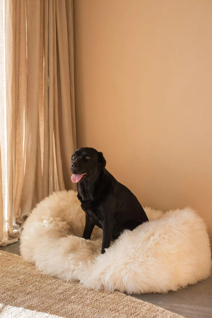 Cama Oval tipo Puff de Lana y Piel de Oveja Natural Hecha a Mano - Blanca - Dulces Mascotas BCN