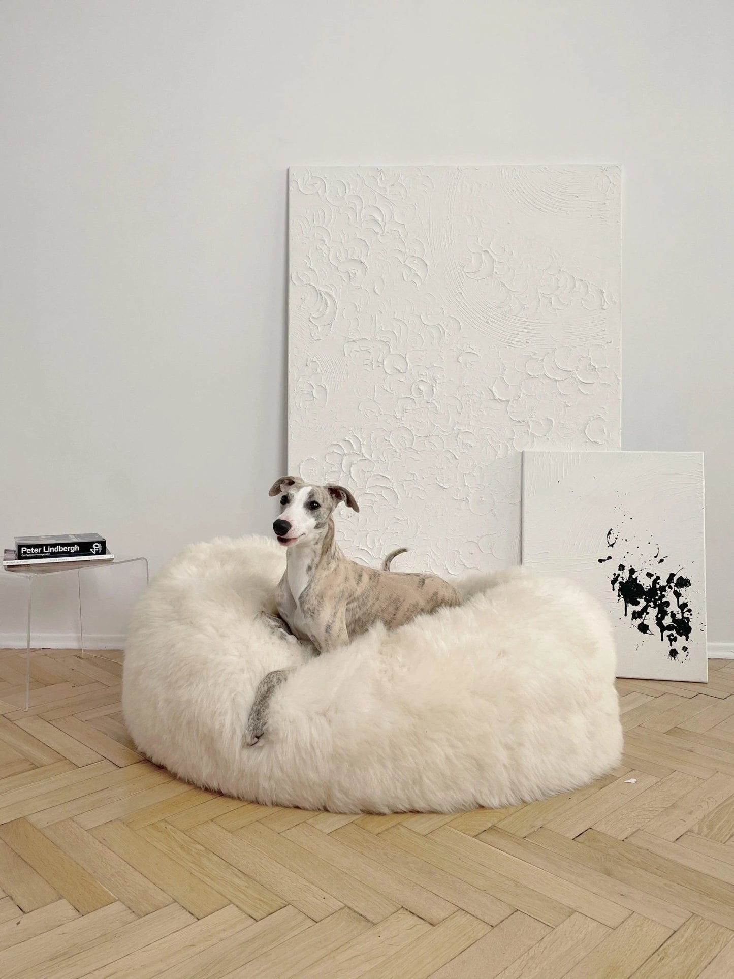 Cama Oval tipo Puff de Lana y Piel de Oveja Natural Hecha a Mano - Blanca - Dulces Mascotas BCN