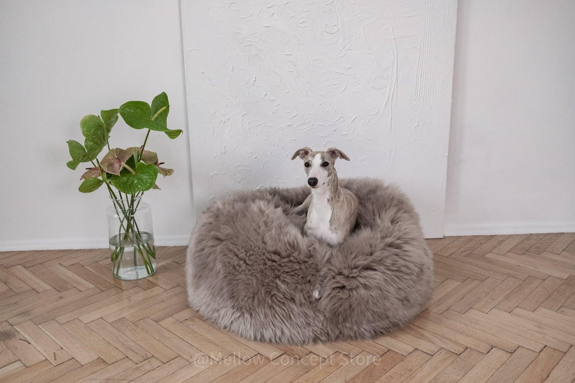 Cama Oval tipo Puff de Lana y Piel de Oveja Natural Hecha a Mano - Gris - Beige - Dulces Mascotas BCN