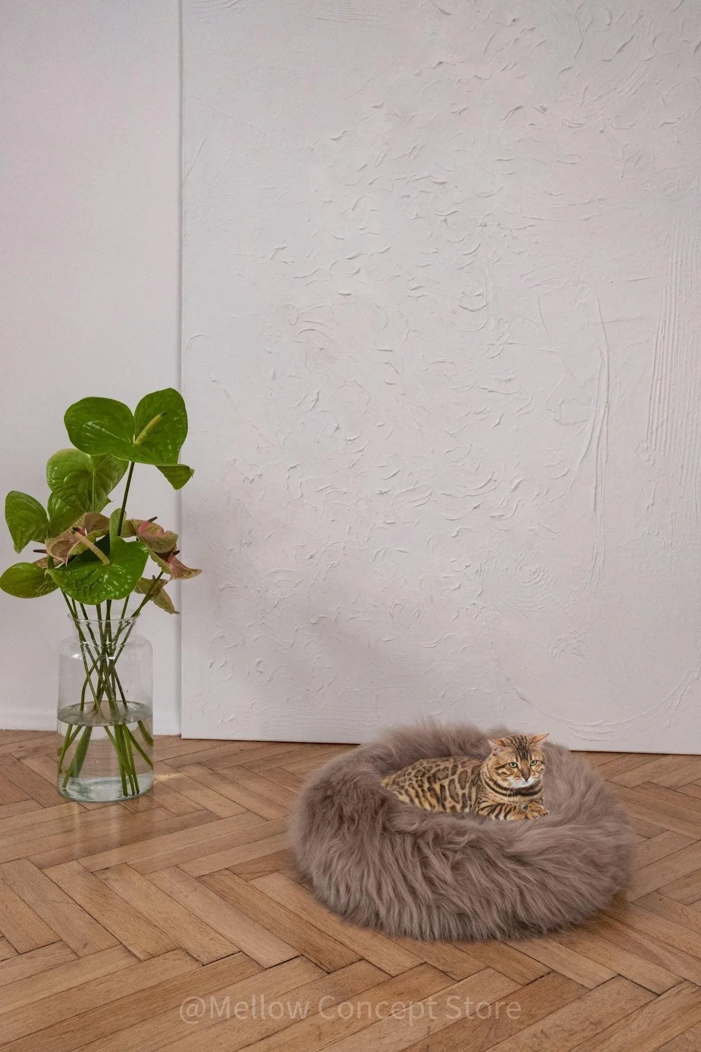 Cama Redonda Artesanal de Piel de Oveja 100% Auténtica, Curtida con Tintes Vegetales - Gris - Dulces Mascotas BCN