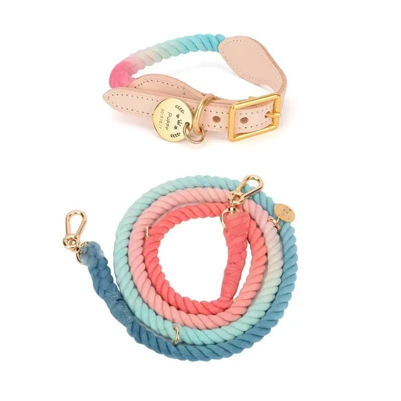 Conjunto de Correa de Algodón Manos Libres y Collar de Piel a Juego - Day Dream - Dulces Mascotas BCN
