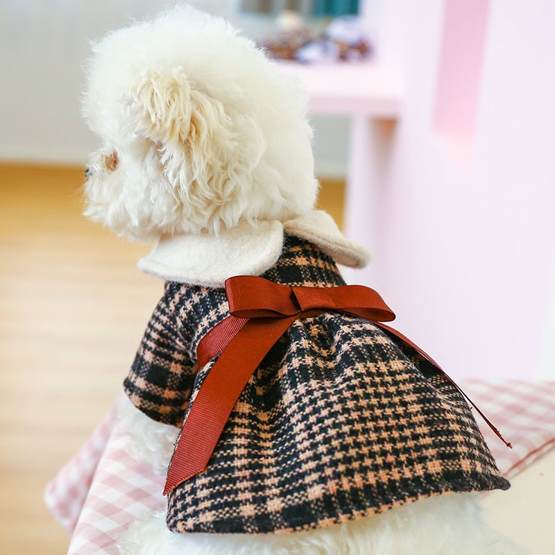 Elegant Princess Dress para Mascotas - Lazo Marron Estampado Cuadros Negros - Dulces Mascotas BCN