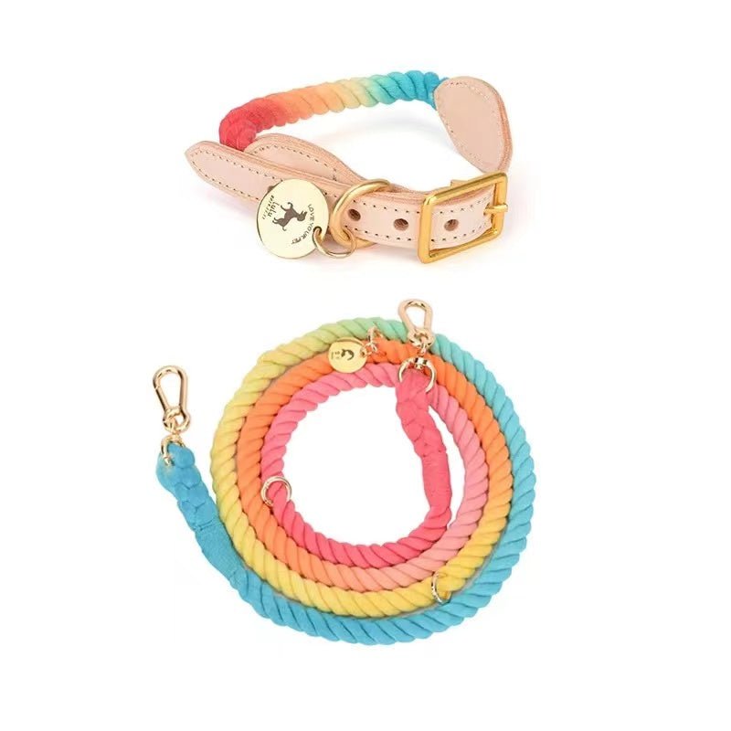 Hands Free Rope Leash and Luxe Royal Leather Collar Bundle - Classic Rainbow - Dulces Mascotas BCN