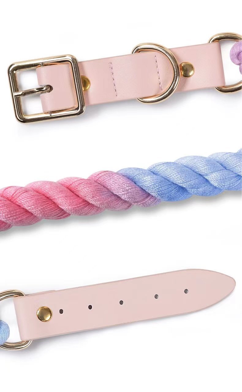 Hands Free Rope Leash and Luxe Royal Leather Collar Bundle - Strawberry Love - Dulces Mascotas BCN