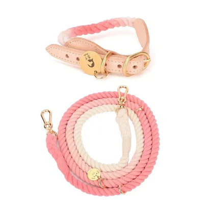 Hands Free Rope Leash and Luxe Royal Leather Collar Bundle - Strawberry Love - Dulces Mascotas BCN
