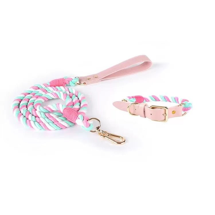 Luxe Royal Leather Rope Leash and Collar Set - Cotton Candy - Dulces Mascotas BCN