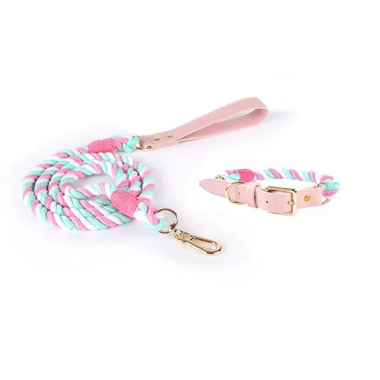 Luxe Royal Leather Rope Leash and Collar Set - Cotton Candy - Dulces Mascotas BCN