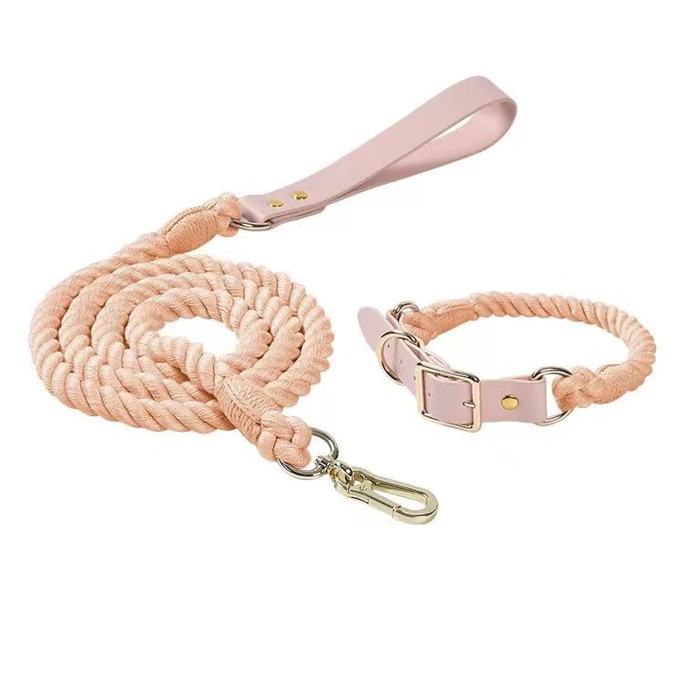 Luxe Royal Leather Rope Leash and Collar Set - Cotton Coral - Dulces Mascotas BCN